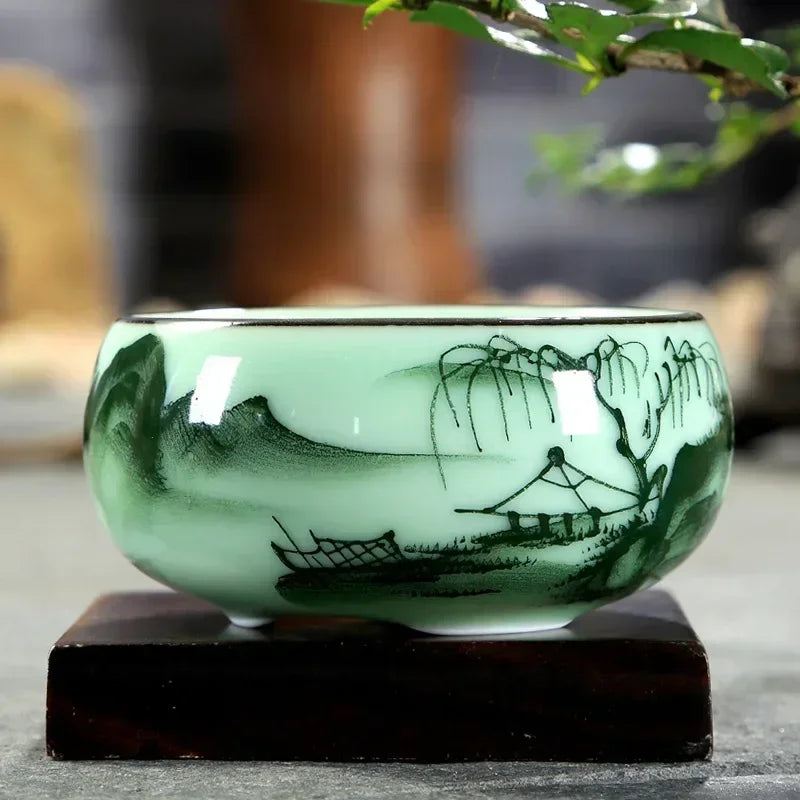 ✨ "Luxury Celadon Tea Set – Hand-Painted Lotus, Bamboo & Carp Design | Master Teacup 80ml"