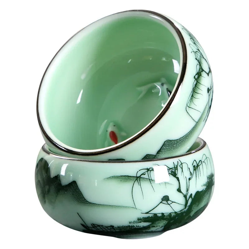 ✨ "Luxury Celadon Tea Set – Hand-Painted Lotus, Bamboo & Carp Design | Master Teacup 80ml"