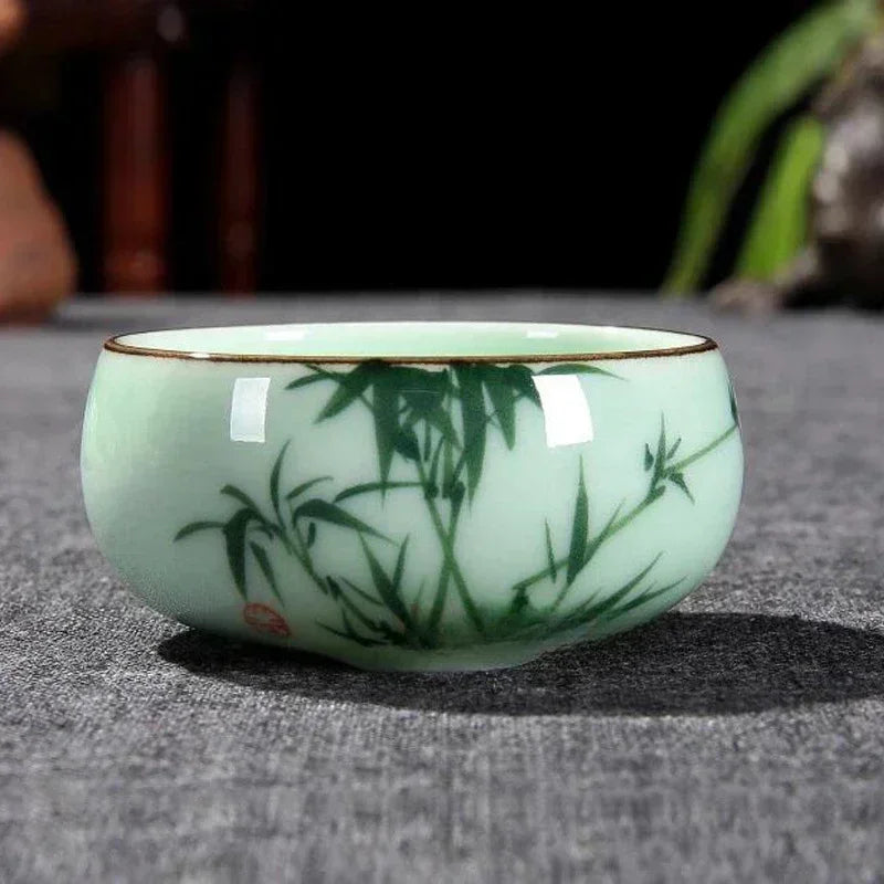 ✨ "Luxury Celadon Tea Set – Hand-Painted Lotus, Bamboo & Carp Design | Master Teacup 80ml"