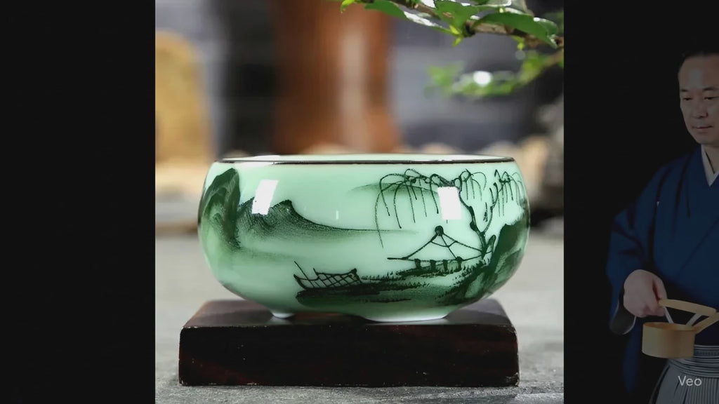 ✨ "Luxury Celadon Tea Set – Hand-Painted Lotus, Bamboo & Carp Design | Master Teacup 80ml"
